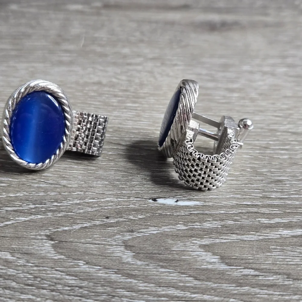 Silver Tone Blue Chatoyant Glass Cufflinks Wrap Around Mesh Toggle Back